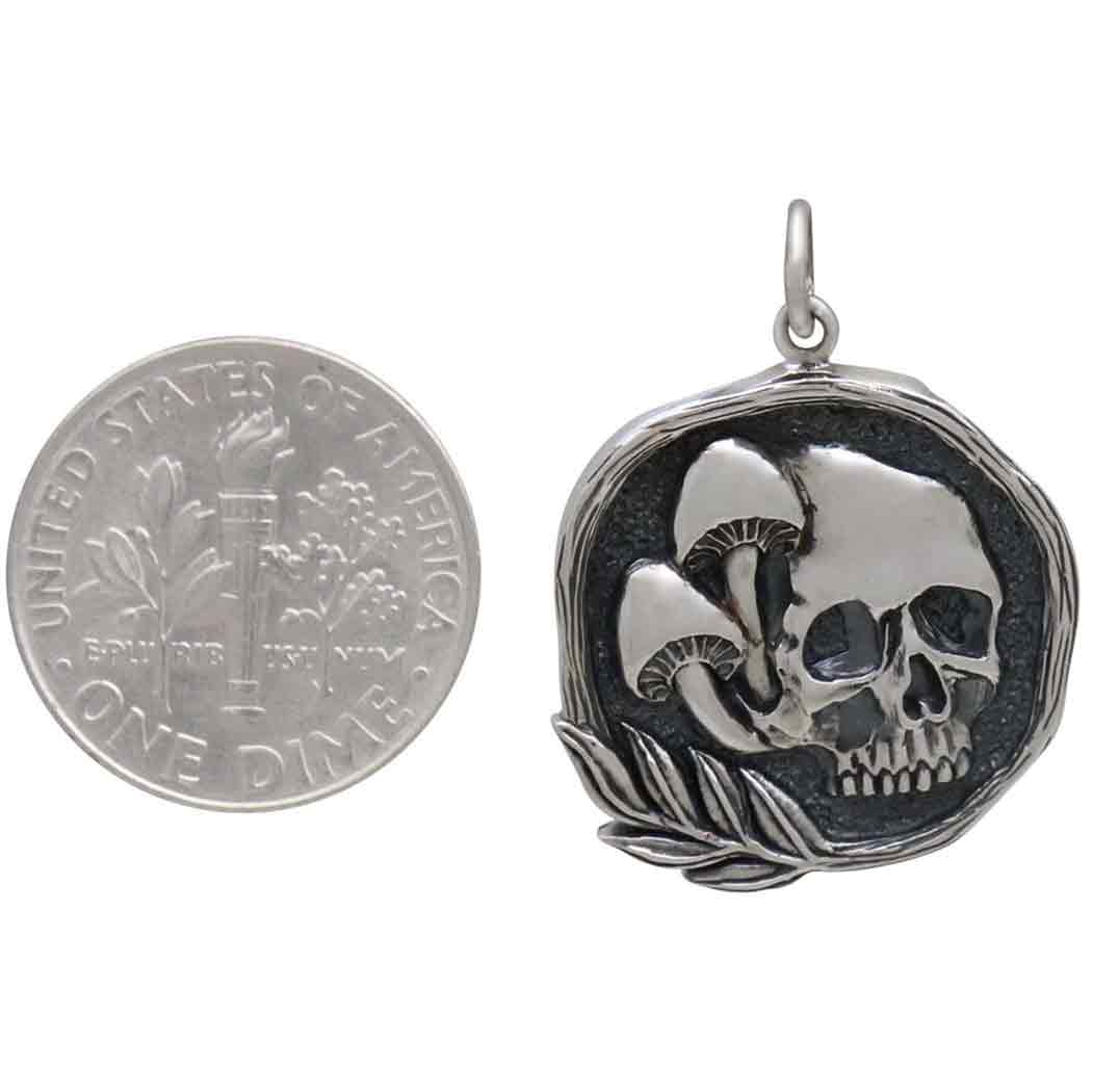 Sterling Silver Skull Pendant with Mushrooms