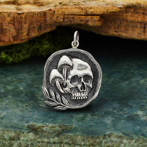 Sterling Silver Skull Pendant with Mushrooms