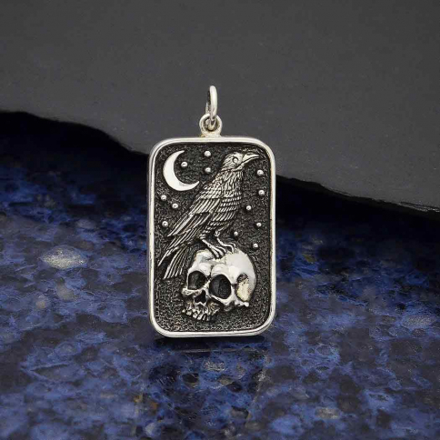  Sterling Silver Skull and Raven Pendant