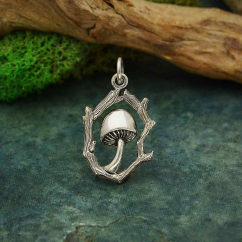 Sterling Silver Mushroom Charm with Branch Frame