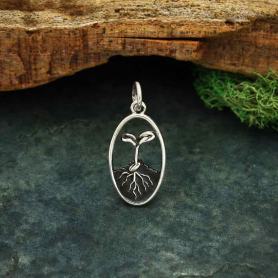 Sterling Silver Seed and Sprout Charm 22x10mm