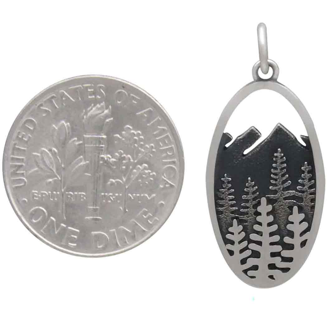 Sterling Silver Layered Tree and Mountain Oval Charm 27x12mm