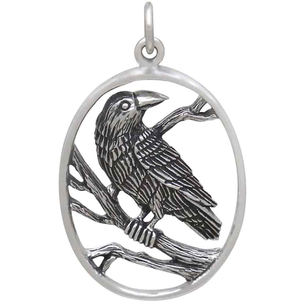 Sterling Silver Raven Pendant in Oval Frame
