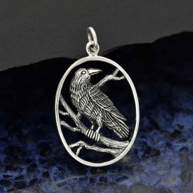 Sterling Silver Raven Pendant in Oval Frame 29x18mm