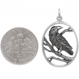 Sterling Silver Raven Pendant in Oval Frame