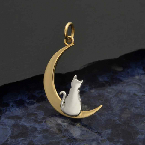 Bronze Moon Charm with Sterling Silver Kitty