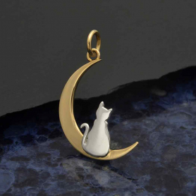Bronze Moon Charm with Sterling Silver Kitty 24x13mm