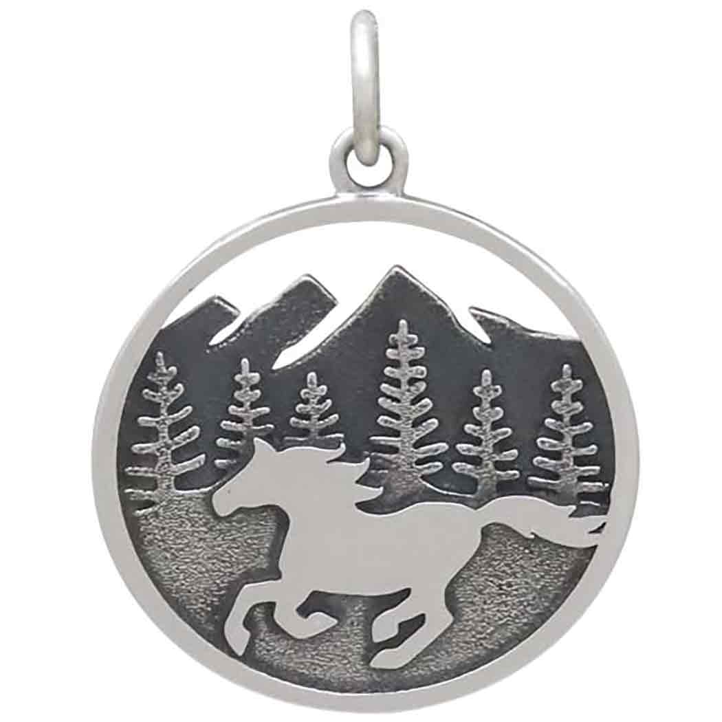 Sterling Silver Horse Running in Mountains Pendant