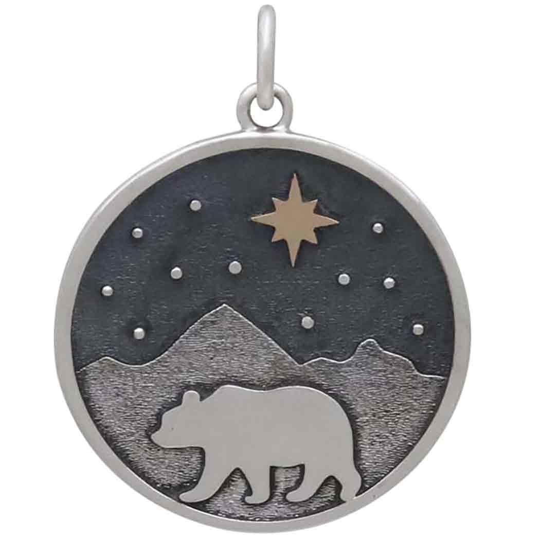 Silver Bear and Mountain Pendant with Bronze Star 26x20mm
