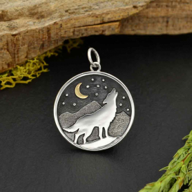 Silver Wolf and Mountain Pendant with Bronze Moon 26x20mm