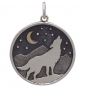 Silver Wolf and Mountain Pendant with Bronze Moon 26x20mm