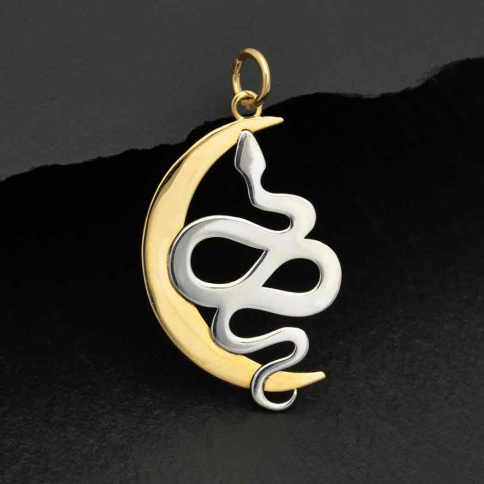 Sterling Silver Snake on Bronze Moon Pendant 29x16mm