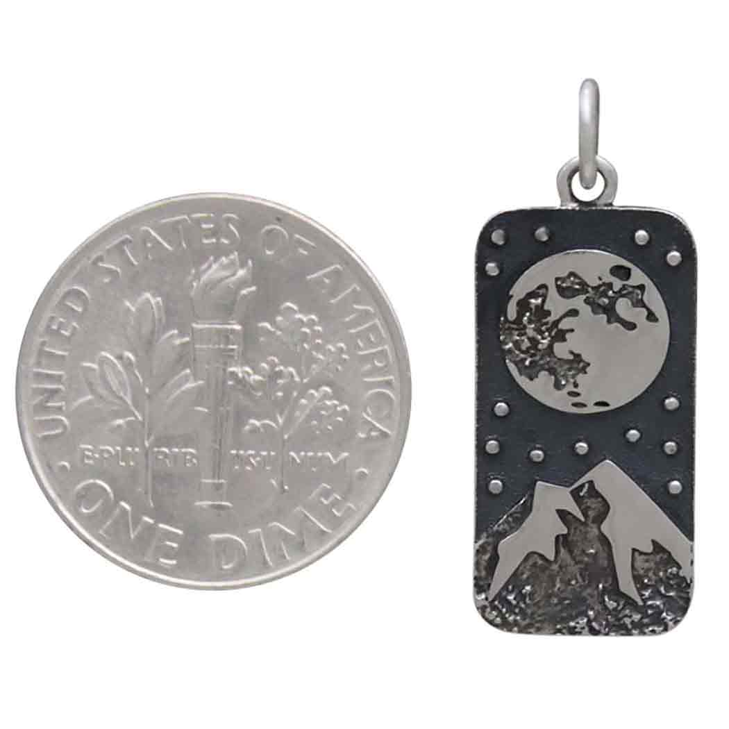 Sterling Silver Full Moon and Snowy Mountain Pendant 26x10mm