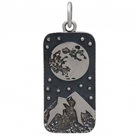 Sterling Silver Full Moon and Snowy Mountain Pendant 26x10mm