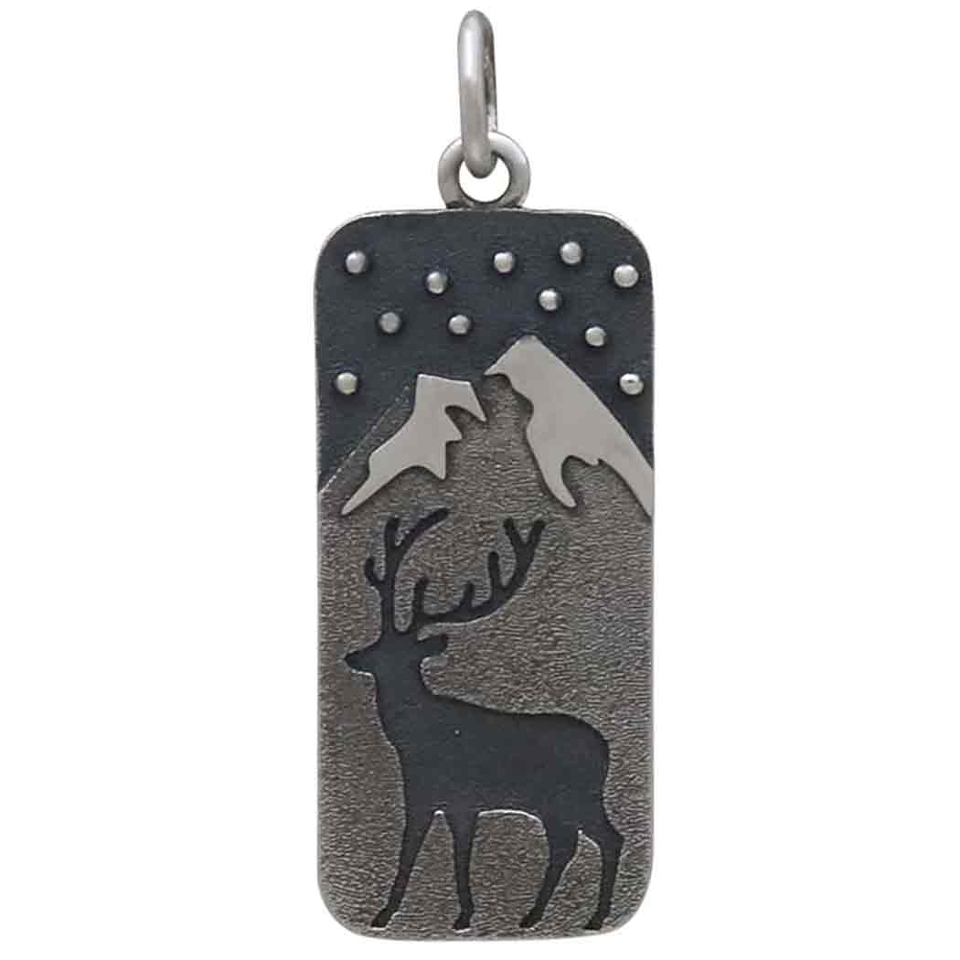 Sterling Silver Deer and Snowy Mountain Pendant 28x10mm