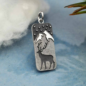 Sterling Silver Deer and Snowy Mountain Pendant 28x10mm