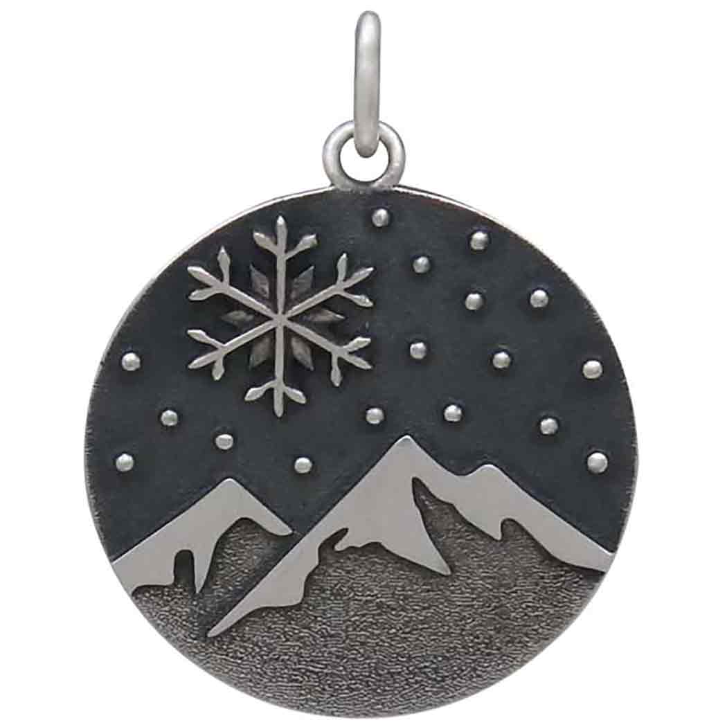 Sterling Silver Snowy Mountain and Snowflake Pendant 23x18mm