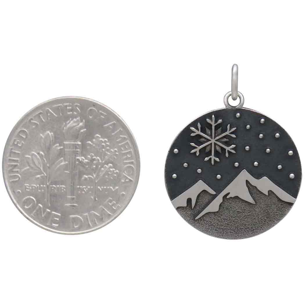 Sterling Silver Snowy Mountain and Snowflake Pendant 23x18mm