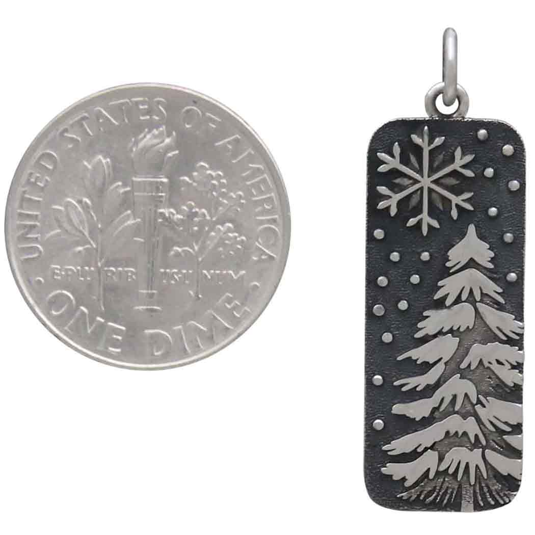 Sterling Silver Snowy Tree and Snowflake Pendant 30x10mm