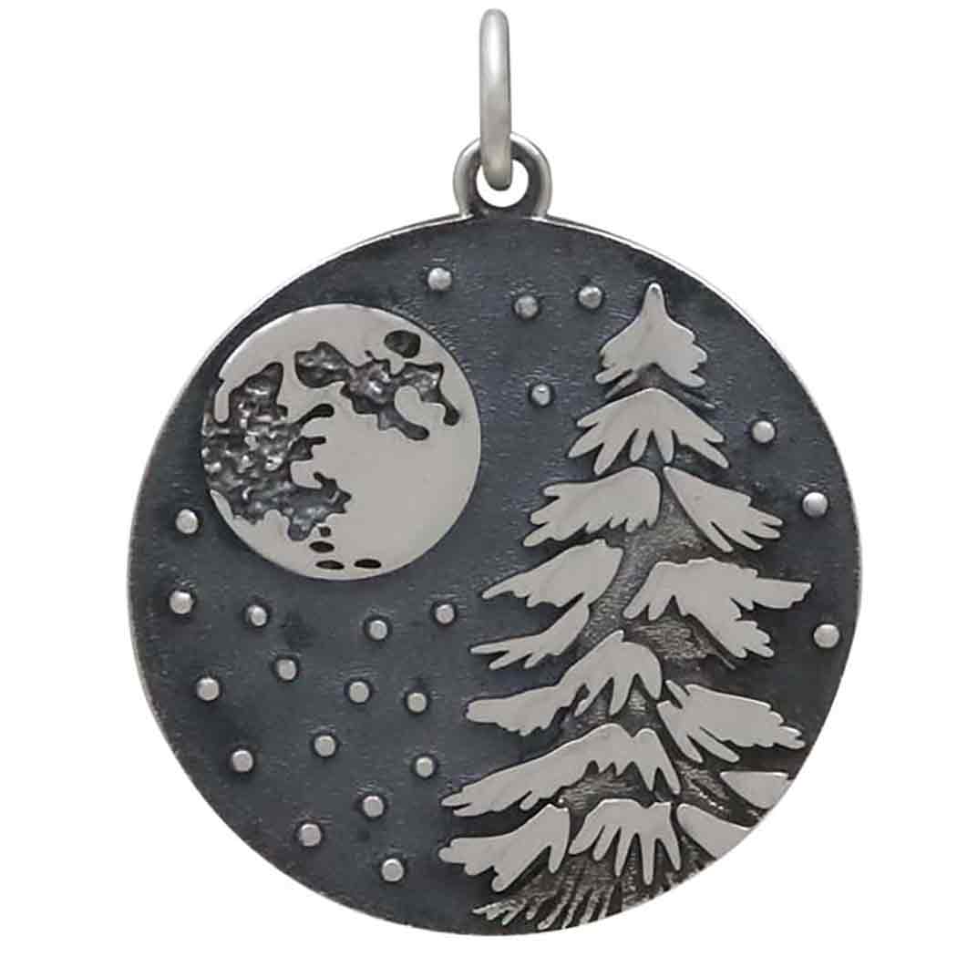 Sterling Silver Full Moon and Snowy Tree Pendant 26x20mm