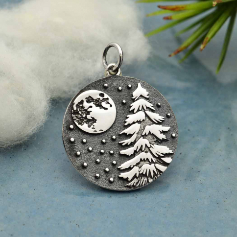 Sterling Silver Full Moon and Snowy Tree Pendant 26x20mm