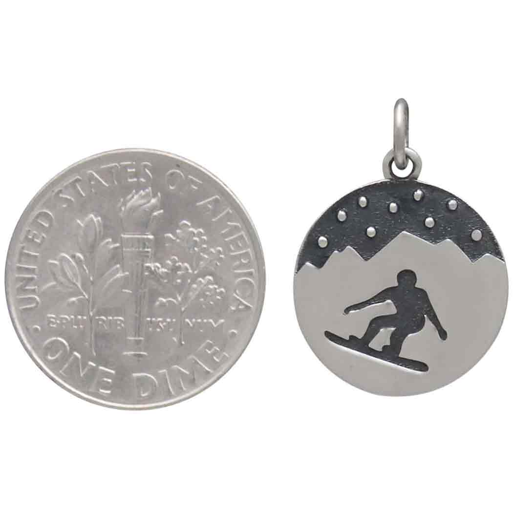 Sterling Silver Mountain and Snowboarder Charm 21x15mm