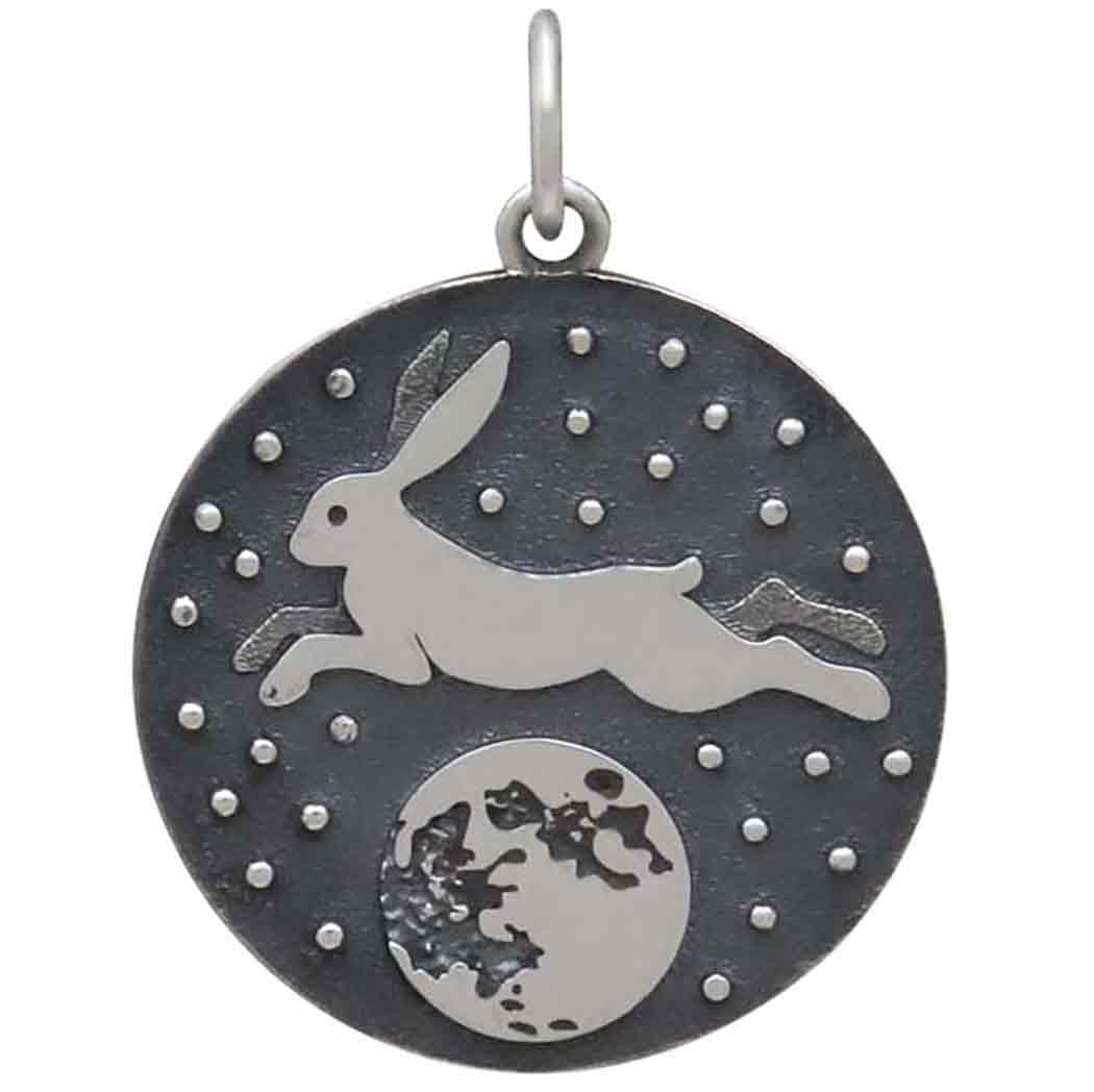 Sterling Silver Rabbit Over the Moon Pendant 26x20mm
