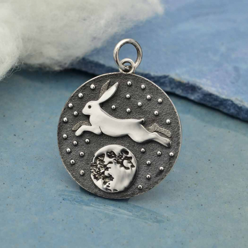 Sterling Silver Rabbit Over the Moon Pendant 26x20mm
