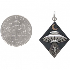 Silver Alien Abduction UFO Pendant with Bronze Moon 27x18mm