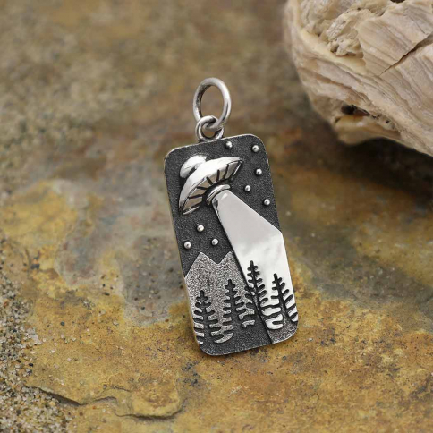 Sterling Silver UFO and Trees Charm 26x10mm