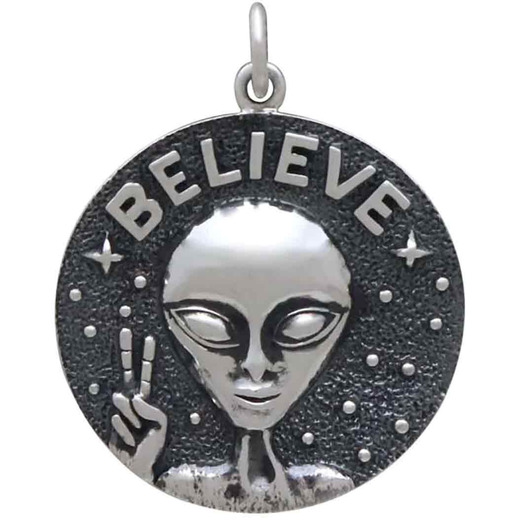 Sterling Silver Believe Alien Pendant 26x21mm