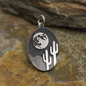 Sterling Silver Full Moon with Cactus Charm 26x15mm