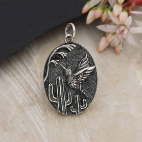 Sterling Silver Hummingbird and Cactus Pendant 26x16mm
