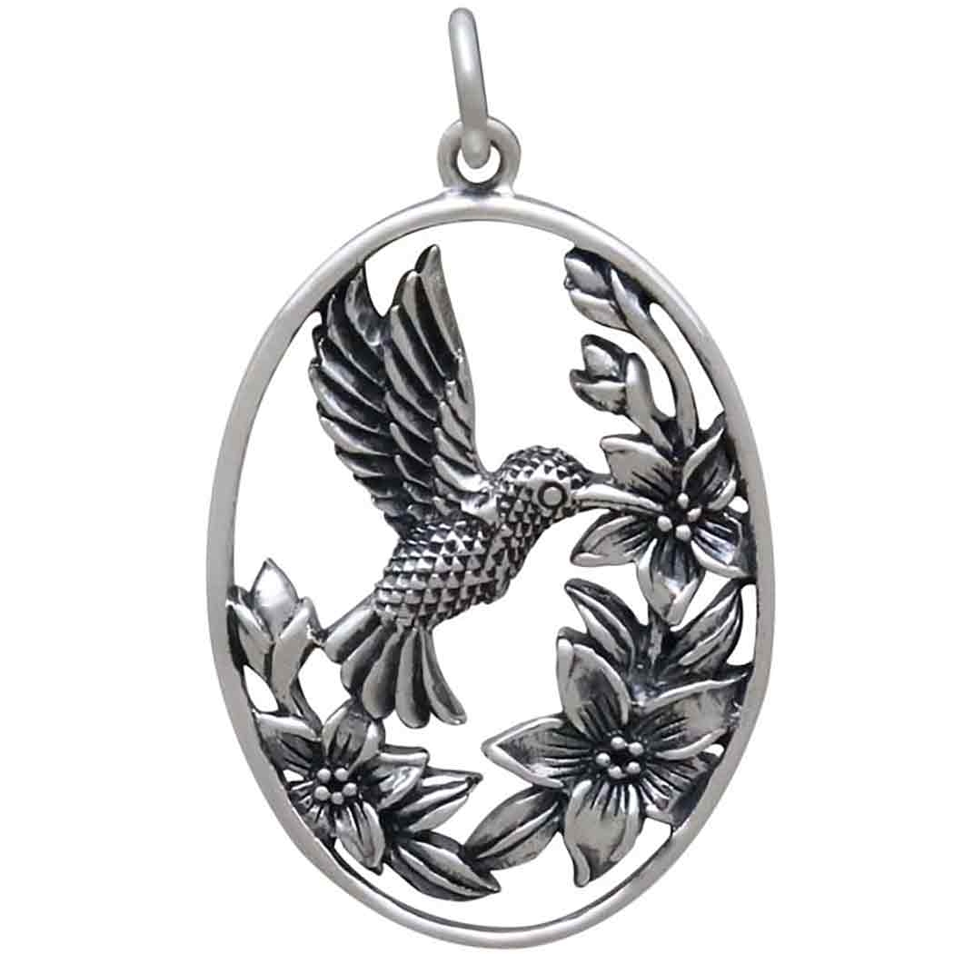 Sterling Silver Flowers and Hummingbird Pendant 29x18mm