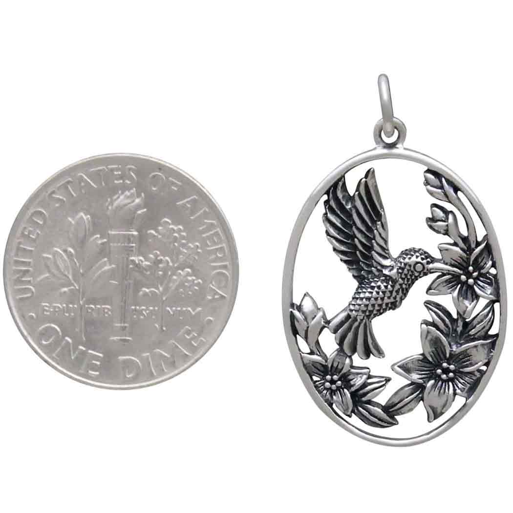 Sterling Silver Flowers and Hummingbird Pendant 29x18mm