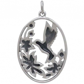 Sterling Silver Flowers and Hummingbird Pendant 29x18mm