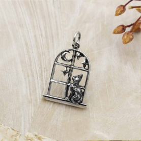 Sterling Silver Cat in the Window Charm 25x16mm