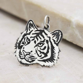 Sterling Silver Etched Tiger Face Charm 23x19mm