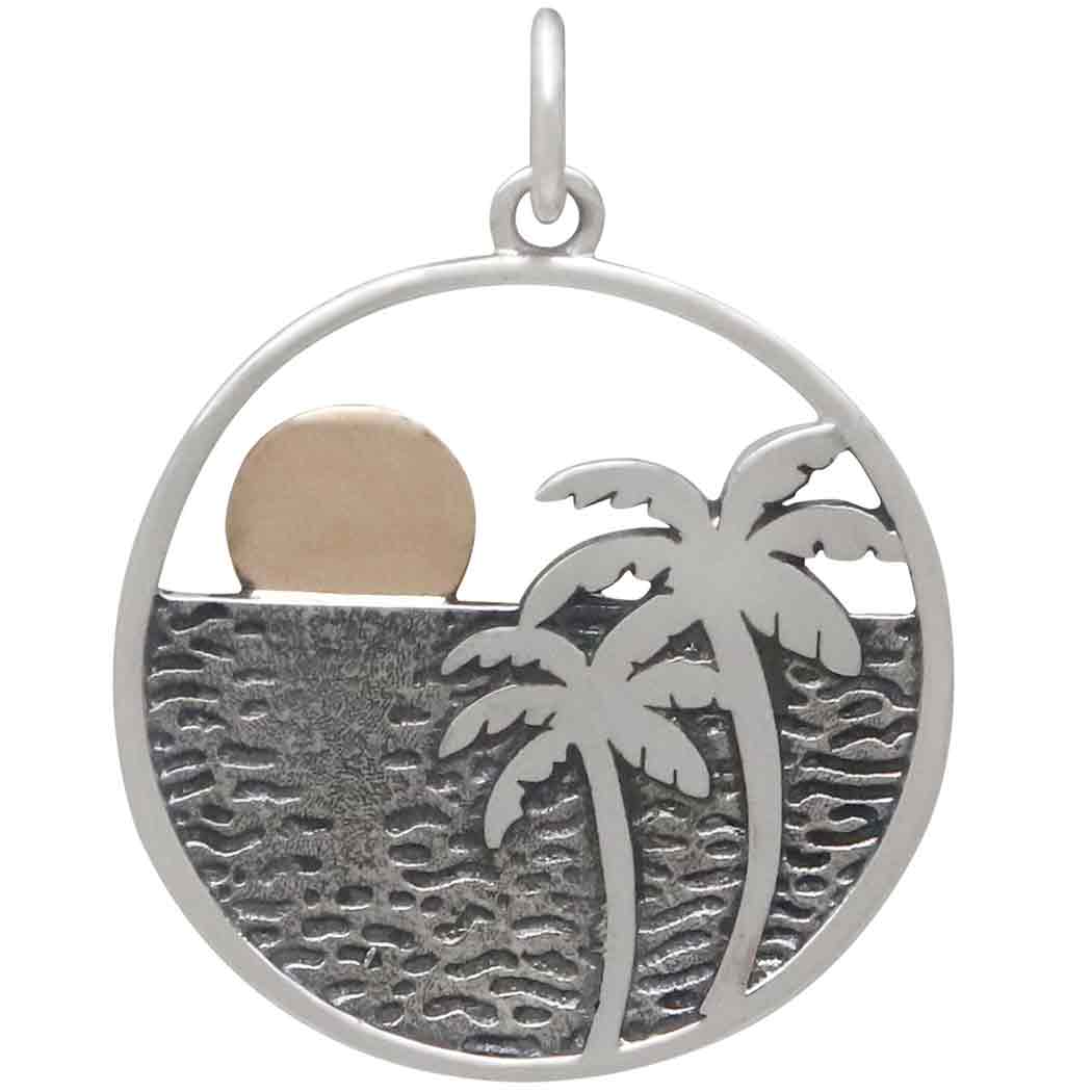 Sterling Silver Palm Tree Pendant with Bronze Sun 26x20mm