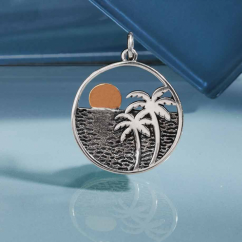 Sterling Silver Palm Tree Charm with Bronze Sun
