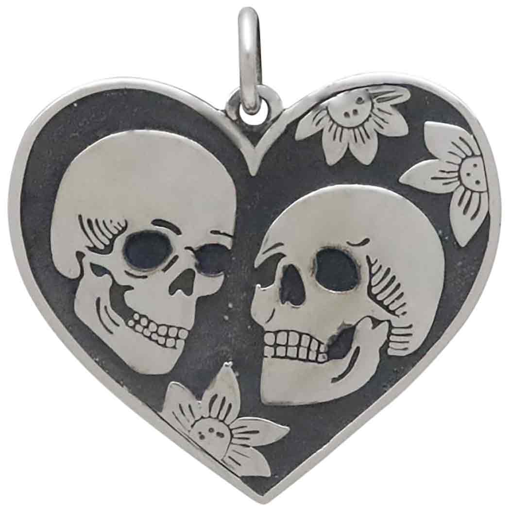 Sterling Silver Skull Lovers in Heart Pendant