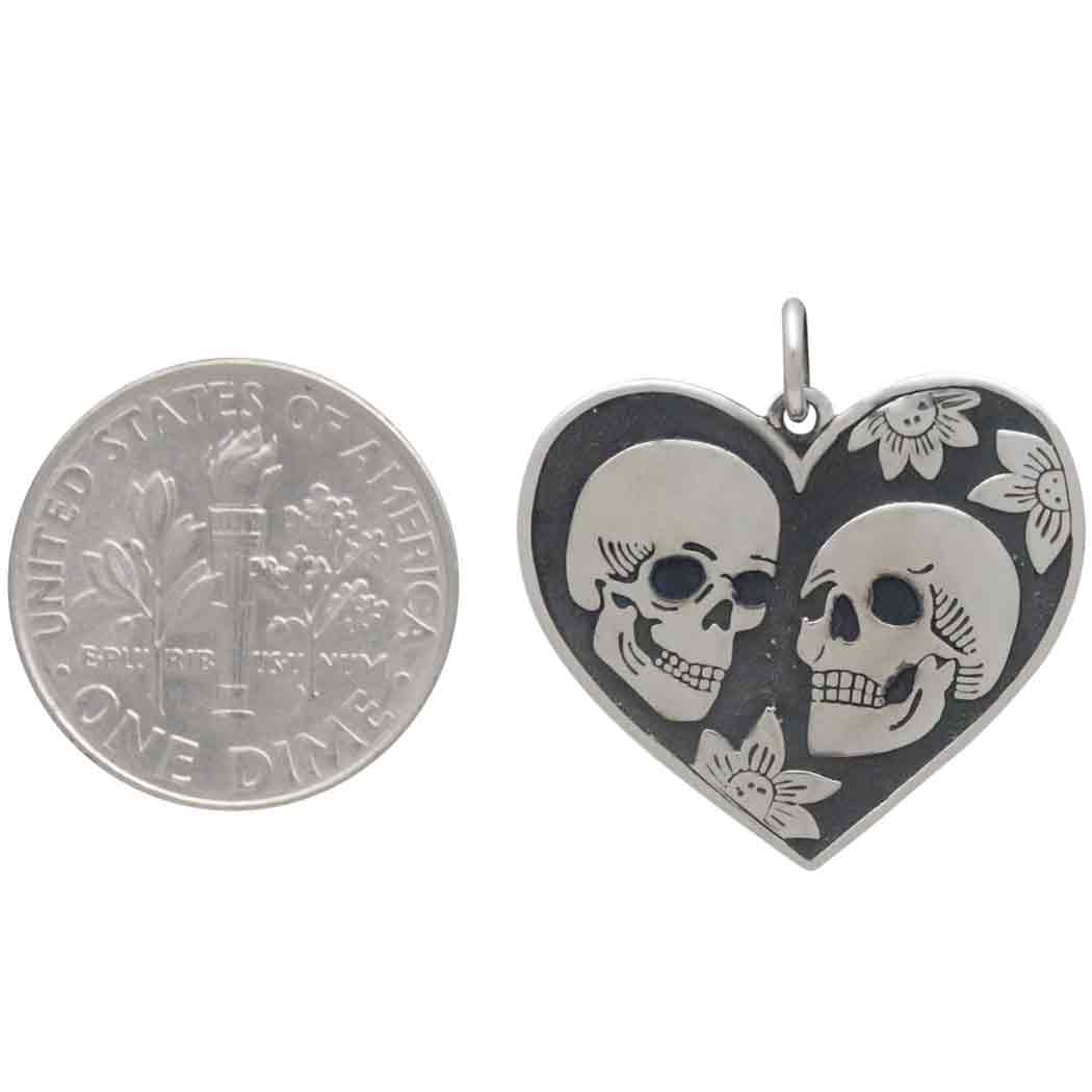 Sterling Silver Skull Lovers in Heart Pendant