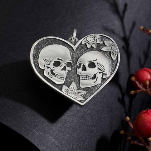 Sterling Silver Lover Skulls in Heart Charm