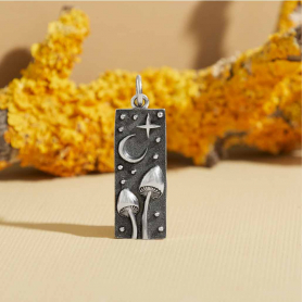 Sterling Silver Rectangle Mushrooms and Moon Charm 26x8mm