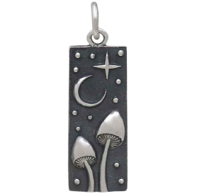 Sterling Silver Rectangle Mushrooms and Moon Charm Front View