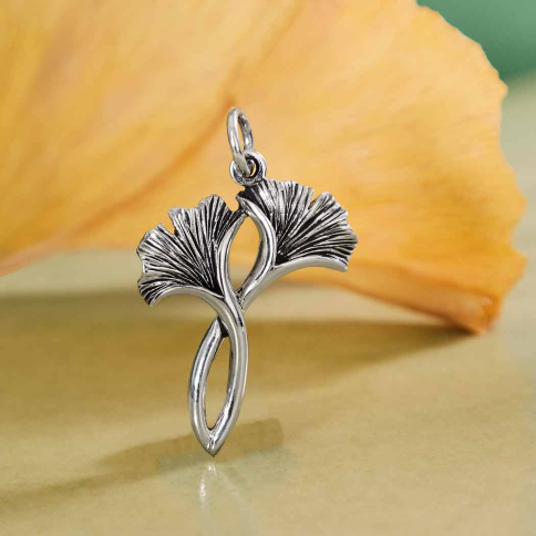 Sterling Silver Two Gingko Leaves Charm 25x16mm