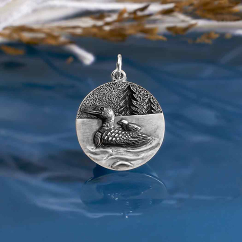 Sterling Silver Loon with Baby Pendant 24x18mm