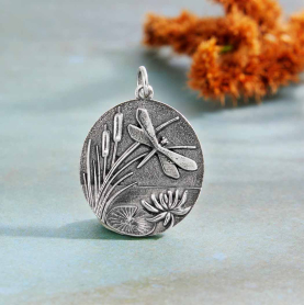 Silver Pond with Cattails and Dragonfly Pendant 26x18mm