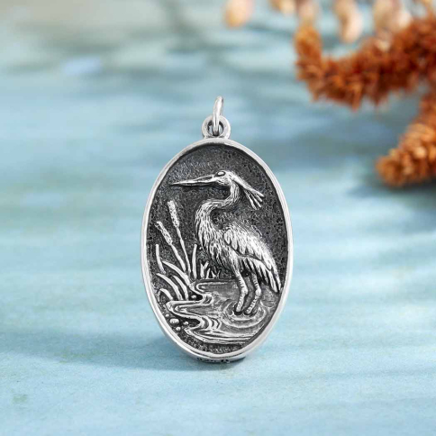 Sterling Silver Heron in Pond Pendant 30x16mm