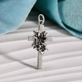 Sterling Silver Cross with Lily Flowers Charm 29x14mm